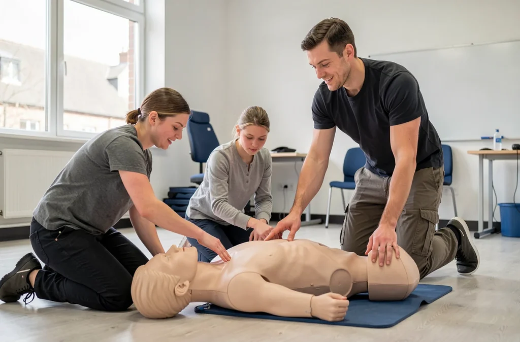 Stagiaires s'exerçant aux gestes de secours sur un mannequin